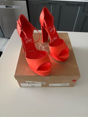 Christian Louboutin Bright Orange Satin Platform Ankle-Strap Heels